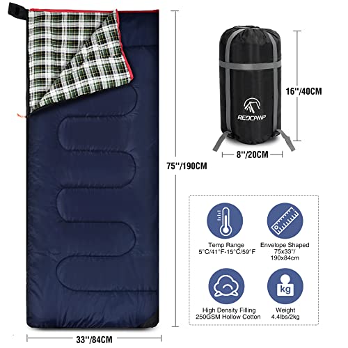 Cotton Flannel Sleeping Bag for Camping Adults 75x33 Large Envelope with Green Plaid & 2lbs Filling