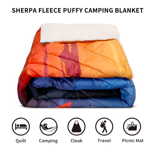Outdoor Camping Blanket with Sherpa Lining - Blue Mountain Sun Variation 52x75in