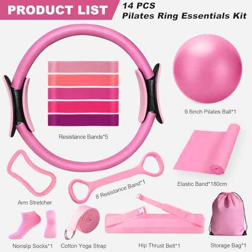 Pilates Essentials Kit for Women, Home Workout Equipment with 12'' Magic Circle, Mini Ball, 5 Resistance Bands, Hip Thrust Belt & Accessories, Pilates Ring Set for Toning, Strength & Flexibility