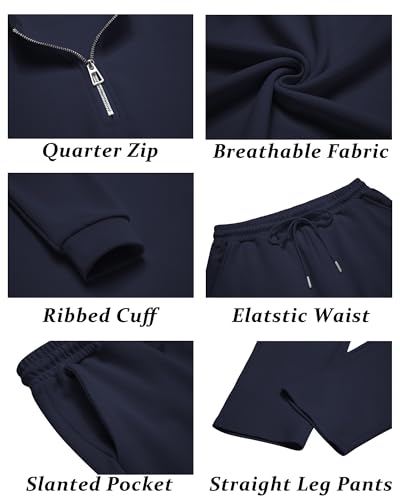 Men's Navy Blue 2-Piece Tracksuit Set Polo Athletic Sweatsuit Quarter Zip Jogging Outfit Large