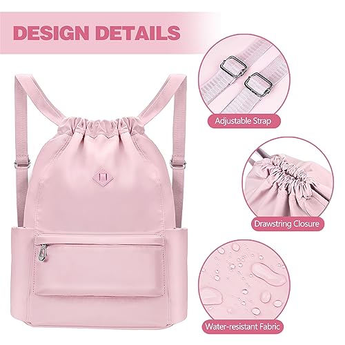 Pink Medium Drawstring Backpack with Wet Pocket for Women - Sports Gym Sack