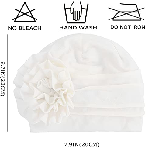 Women Turban Flower Headband Elastic Cap Pre-Tied Scarf Bonnet - Medium White