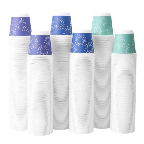 Tamone 600 Pack 3 oz Disposable Bathroom Cups - Green, Blue & Purple Fireworks Design, Small Paper Cups for Party, Travel, Home & Events