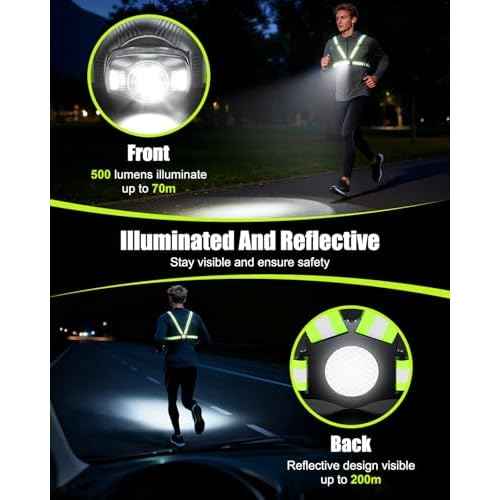 Running Lights for Runners, 500 Lumens Running Light with 45¡Æ Adjustable Beam, 6 Modes & IPX4 Waterproof, 1800 mAh Rechargeable Reflective Vest for Night Walking/Cycling/Jogging/Hiking