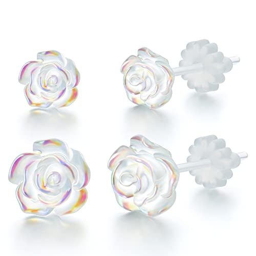 Plastic Post Earrings for Sensitive Ears 2 Pairs Clear Rose Non-Metal Studs