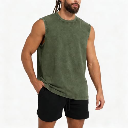 Men's Workout Tank Top Sleeveless Muscle Shirt - Acid Wash Cotton, Green, X-Large