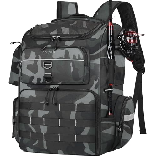 Camouflage Fishing Backpack with 2 Rod Holders, 45L Water-Resistant Tackle Bag for Men