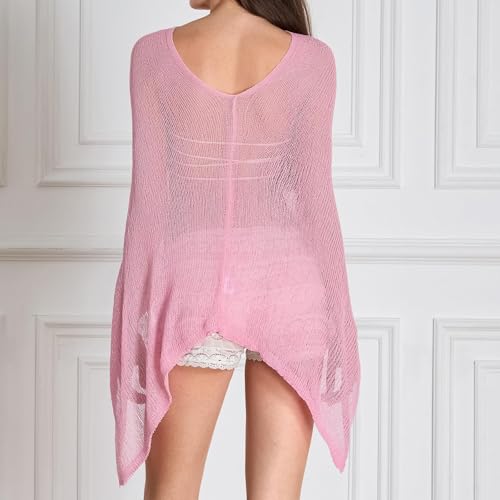 Pink Women's Sheer Knit Poncho Top Lightweight Crochet Beach Cover Up - One Size