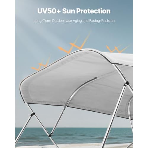 VEVOR Bimini Top Cover Replacement, Fit 4 Bow Boat 600D Polyester Canopy, Waterproof & Sun Protection Boat Awning Canopy with Storage Bag, 96" Lx(91"-96") W, Light Grey (Support Frame Not Included)