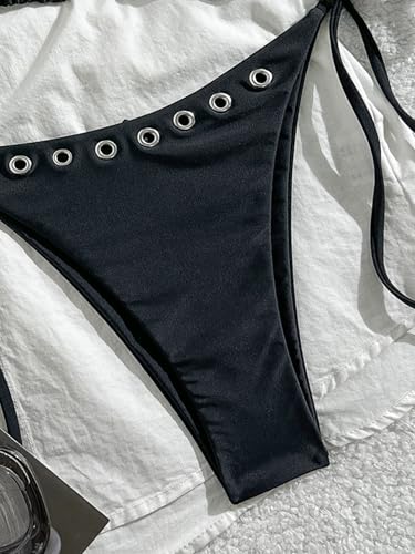 Women's 2 Piece Y2K Bikini Set Small Black Grommet Eyelet Thong Swimwear