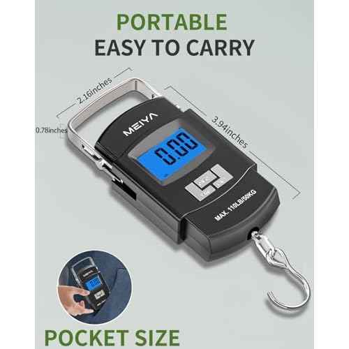 MEIYA Fish Scale 110lb/50kg Digital Fishing Scale with Backlit LCD, Portable Handle, Stainless Steel Hook & 2 AAA Batteries ? Reliable Fishing Gear & Great Fishing Gifts for Men