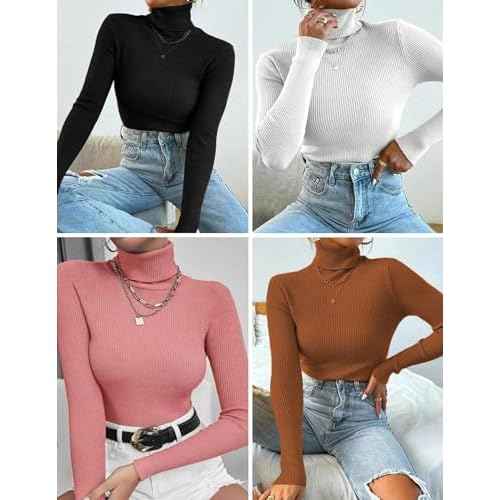 Ekouaer Women's Turtleneck Shirts Ribbed Pullover Sweater Long Sleeves Tops Midweight Thermal Underwear Blouse