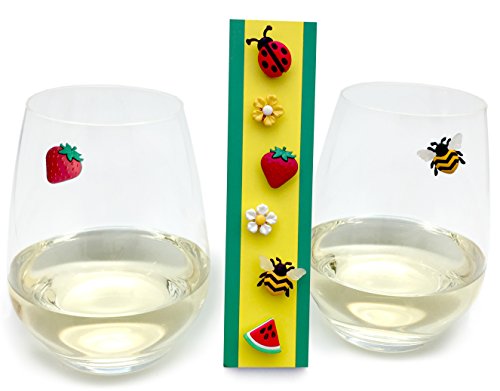 Magnetic Wine Glass Charms Set of 6 with Bee Strawberry Flowers - Reusable Drink Markers
