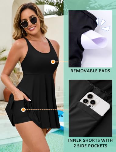 Women’s One Piece Swimsuit Tummy Control Swim Dress - Solid Black, Size S-24W, Variation 22