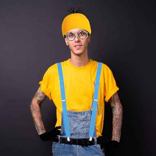 Halloween Costumes for Women Adult, 3PCS Steampunk Goggles Yellow Beanie Hat & Black Gloves and Blue Suspenders for Men Women Funny Halloween Costumes Cosplay Party Set