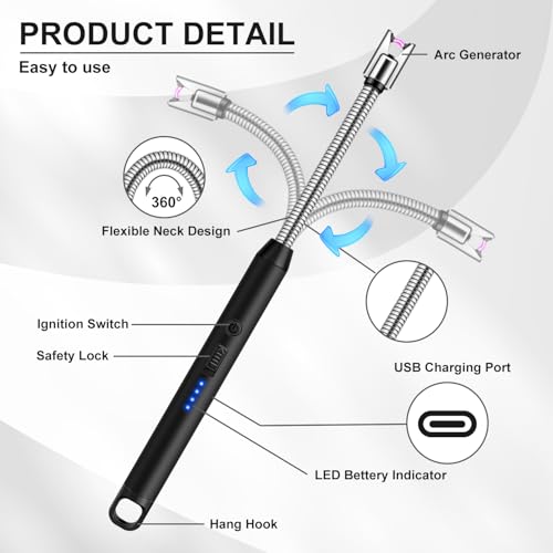 Electric Candle Lighter Set - Windproof USB Rechargeable Plasma Flameless with LED Battery Display - Black, Silver, Gold