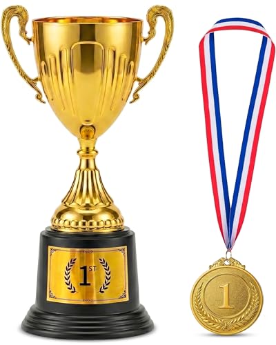 1st Place Trophy and Medal Set - Gold Plastic Trophy with Medal for Sports and School Awards