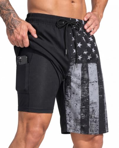 Men's 9 Inch Swim Trunks with Compression Liner & Zipper Pockets - Large Vintage Black