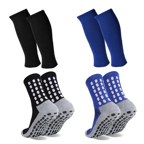 Soccer Grip Socks with Shin Guard Sleeves 2 Pack - One Size Black+Blue