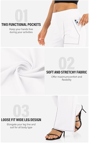Wide Leg Pockets Lounge Pants for Women High Waisted Casual Palazzo - 29 Inch Inseam, White