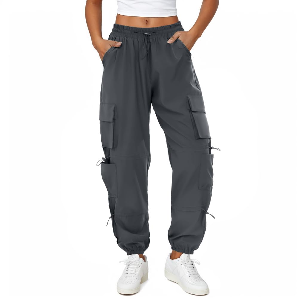COPYLEAF Womens Parachute Cargo Pants with Pockets Quick Dry Hiking Pants Lightweight Water-Resistant Baggy Joggers(Grey M)