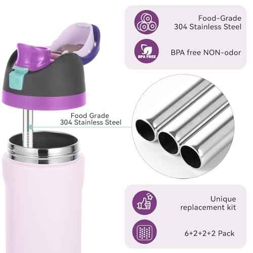 12PCS Replacement Straws Compatible with Owala 24oz/32oz with 2 Cleaning Brushes 6 Reusable Stainless Steel Straw 2 Water Bottle Seal Ring 2 Replacement Stopper for Owala Freesip (Grey)