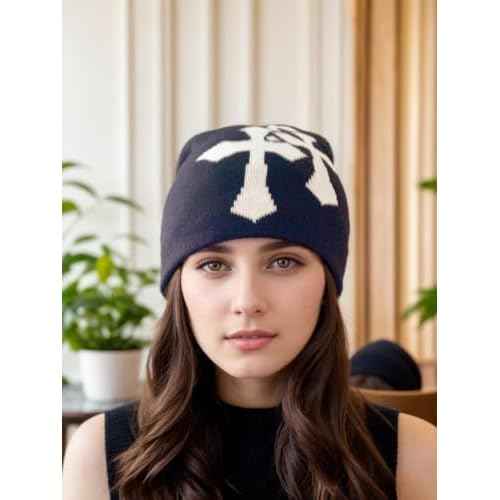 Y2K Knitted Beanies Hat Cross Graphics Men Women Jacquard Hat Punk Solid Color Hat Outdoor Sports Trend Beanie