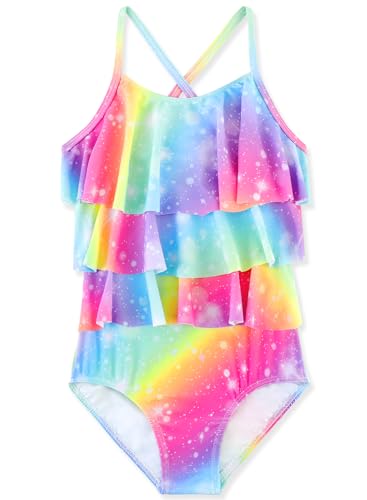 Kids Girls One Piece Swimsuit with Ruffles & Adjustable Straps - Rainbow Ruffles, 7-8 Years