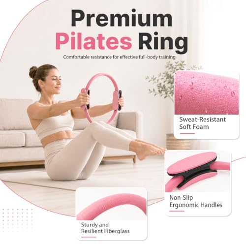 Pink Pilates Equipment Set for Home Workouts - 21 PCS Pilates Kit with Ring & Ball