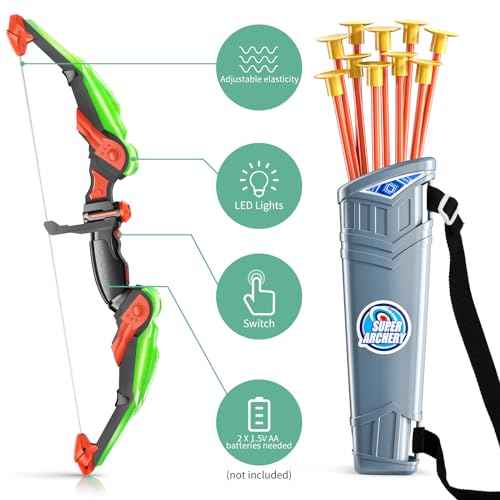 TEMI Bow and Arrow Set for Kids - Archery Toy Set - LED Light Up with Suction Cup Arrows, Target & Quiver, Indoor and Outdoor Toys for Children Boys Girls