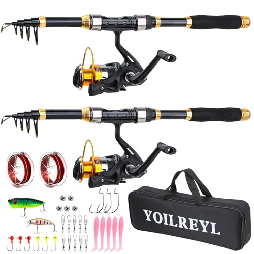 2 Pack Telescopic Fishing Rod and Reel Combo Set - 5.9ft Travel Starter Kit with Lures & Tackle Bag
