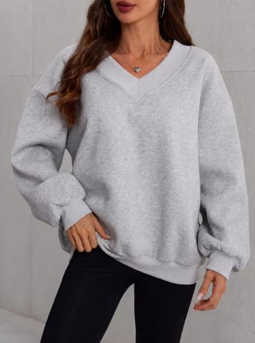 Hilinker Women's V Neck Oversized Sweatshirt Long Sleeve Pullover Large Grey