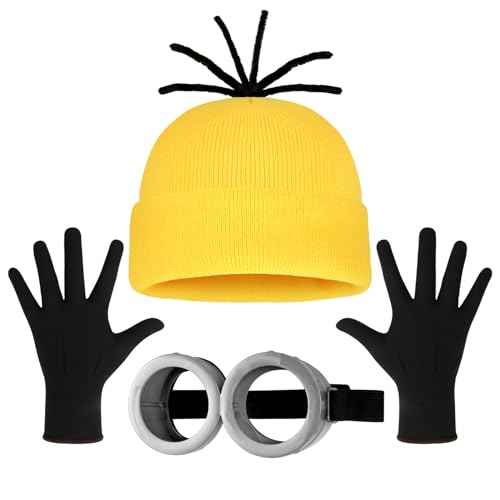 3Pcs Halloween Costume Accessories Adults Steampunk Goggles Glasses Yellow Beanie Hat Black Gloves for Men Women Halloween Cosplay Party