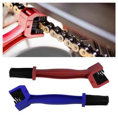 2PCS Motorcycle Chain Brush,Double-Ended Motorcycle Chain Cleaner with Three-Sided and Long Bristles,Universal Motorcycle Chain Cleaning Kit for Motorcycle Bicycle Mountain Bike (1 Red + 1 Blue)