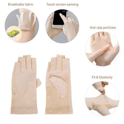 Cotton Fingerless Driving Gloves for Women Men, Mesh Nonslip UV-Protection Summer Gloves for Nail Manicure, Cycling