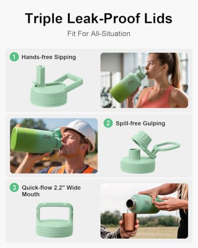 Dark Green 64oz Insulated Stainless Steel Water Bottle with 3 Lids & Paracord Handle