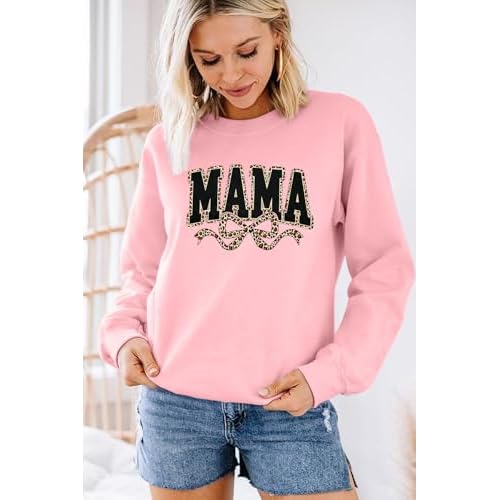 SFHFY Mama Crewneck Sweatshirt Women: Casual Mom Long Sleeve Shirt Bow Mama Letter Print Pullover Top