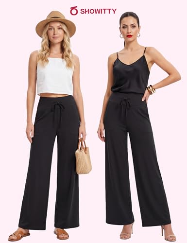 Wide Leg Pants for Women with Pockets High Waist Lounge Pants Medium Black