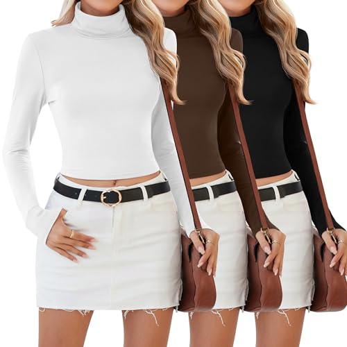 Riyiper 3 Pack Women's Mock Turtleneck Crop Tops, Long Sleeve Slim Fit Shirts Thermal Pullover Basic Layer Underwear Tops
