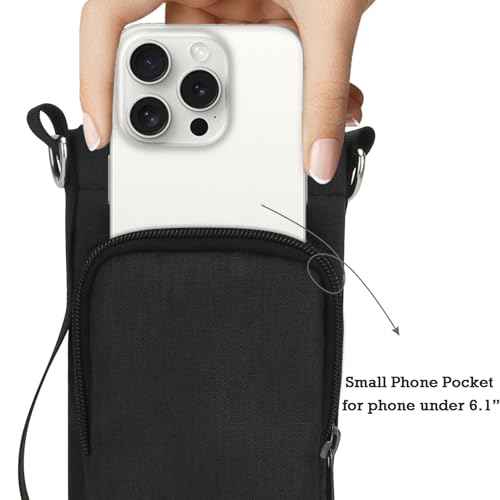 Water Bottle Carrier Bag, Small Canvas Crossbody Purse Portable Water Bottle Sling Holder Case with Adjustable Shoulder Strap and Phone Pocket Pouch for Men Women Hiking, Black