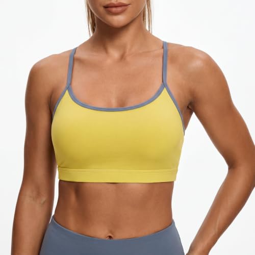 Women’s Color Block Strappy Sports Bra - Medium Yellow - Athletic Workout Top