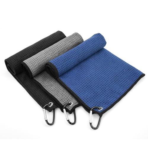 Small Microfiber Golf Towels with Carabiner Clip - 3 Pack, Waffle Pattern, 16x16 Inch for Club Cleaning - Yaozoon