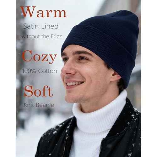 ROYBENS Satin Lined Beanie, 100% Cotton Beanies Hats for Men Women, Slouchy Knit Cuffed Winter Warm Soft Skull Cap Hat