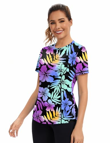 Avoogue Women's Short Sleeve Workout Top UPF50+ Sun Shirt - Large / Colorful Leaves