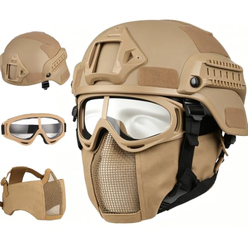 VPZENAR Tactical Airsoft Helmet with Mesh Mask and Goggles - Black, Camouflage Variant