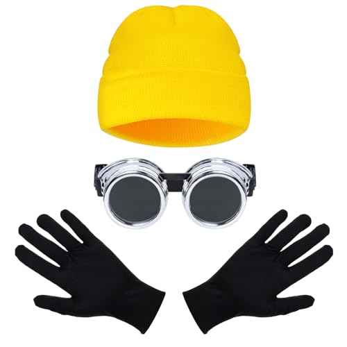 3Pcs Halloween Costume Accessories, Vintage Steampunk Goggles Yellow Beanie Hat Black Gloves Set for Halloween Cosplay Party