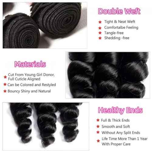 Loose Wave Bundles Human Hair Short Brazilian Virgin Human Hair Bundles Loose Wave Natural Black Color Can Be Dyed and Styled Total 300g 10 10 10 Inch