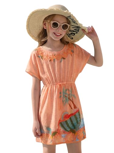 Kids Girls Short Sleeve Beach Cover Up Dress - Coral Pink 7-8 Years