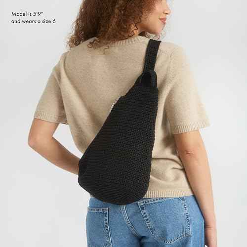 The Sak Geo Sling Backpack in Crochet, Single Sling Shoulder Strap, Black