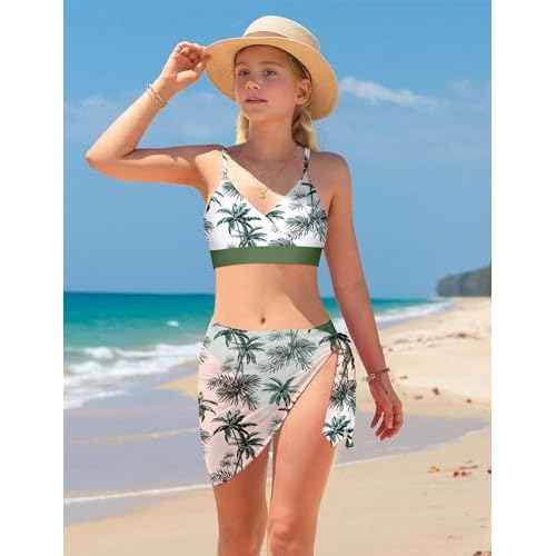 Girls Swimsuit V Neck Adjustable Straps Stylish Bikini with Cover Up 3 Piece Set Bathing Suits for Teen Girl